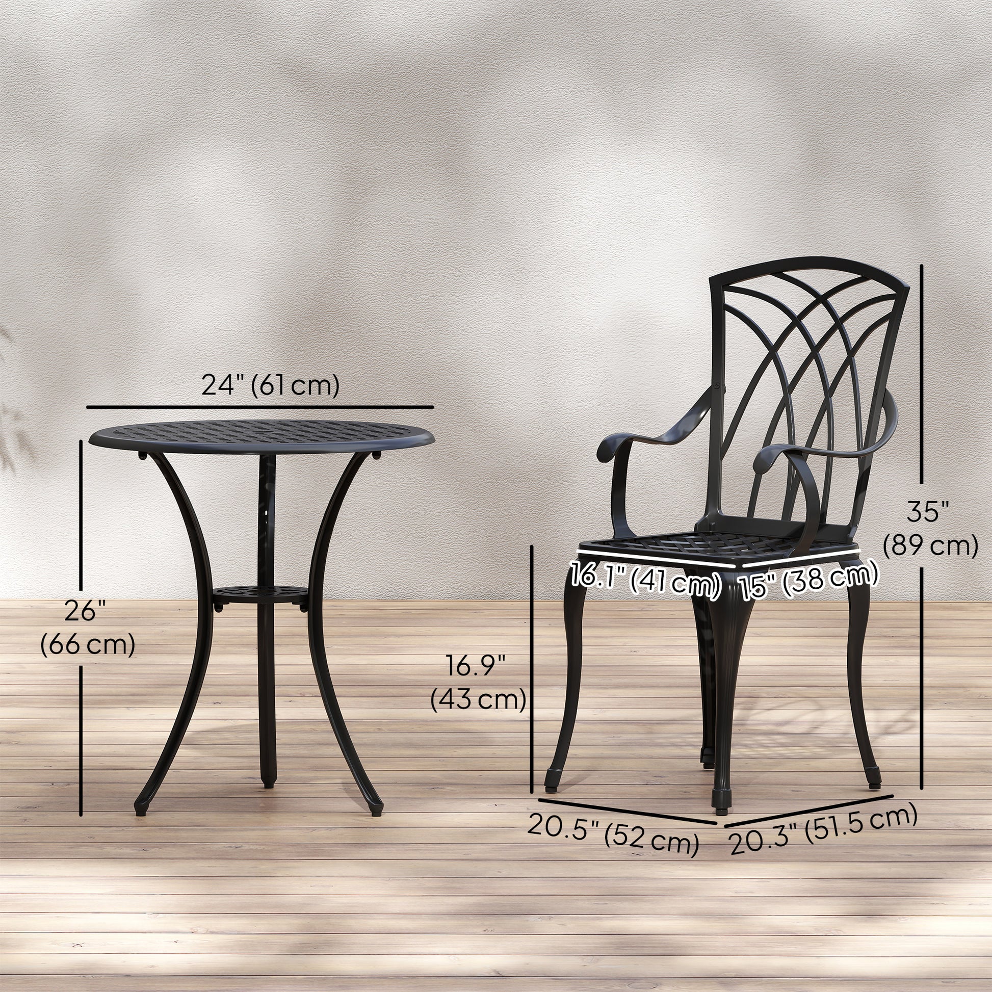 3 Pieces Patio Bistro Set, Cast Aluminum Outdoor Conversation Furniture Set, Coffee Table with Umbrella Hole, 2 Armchairs, Brown