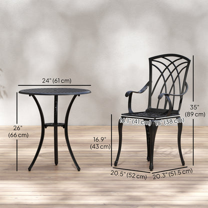 3 Pieces Patio Bistro Set, Cast Aluminum Outdoor Conversation Furniture Set, Coffee Table with Umbrella Hole, 2 Armchairs, Brown