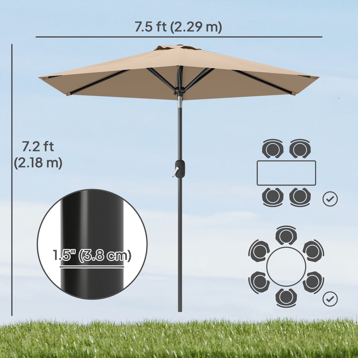 Patio Sun Umbrella, Outdoor Parasol with 6 Ribs, Coffee