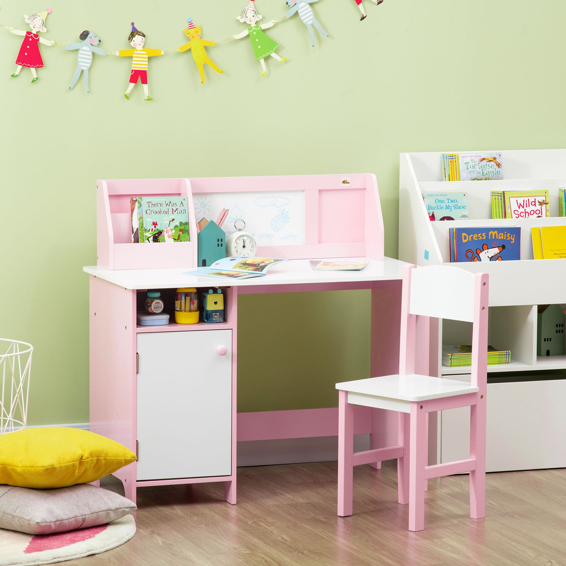 Qaba 2Pcs Kids Desk and Chair Set with Whiteboard, Storage, Shelves, Pink