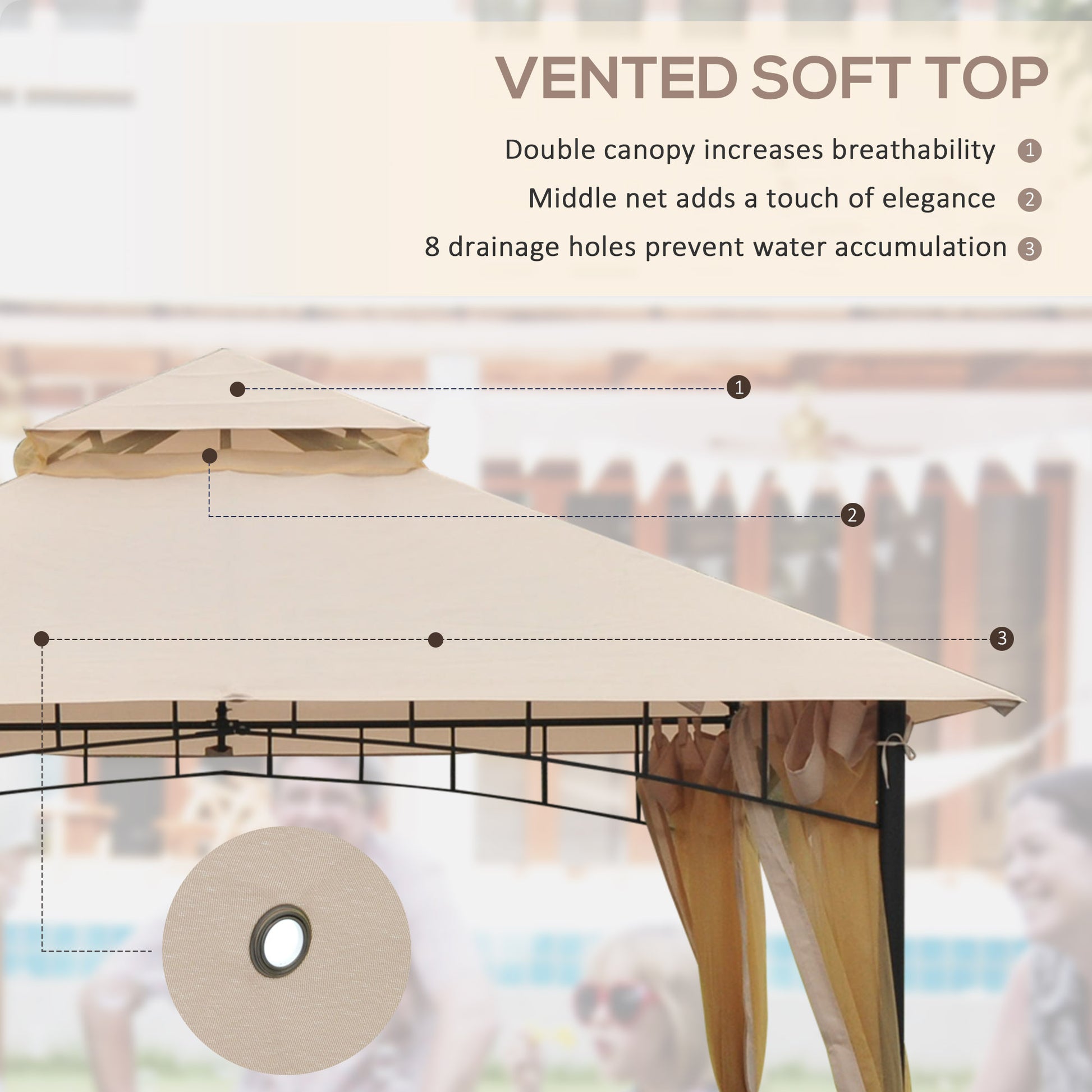 10' x 10' Double Tier Garden Gazebo Canopy Outdoor Sunshade Tent Water-Resistant Anti-UV Roof with Metal Frame and Mesh Sidewalls, Beige