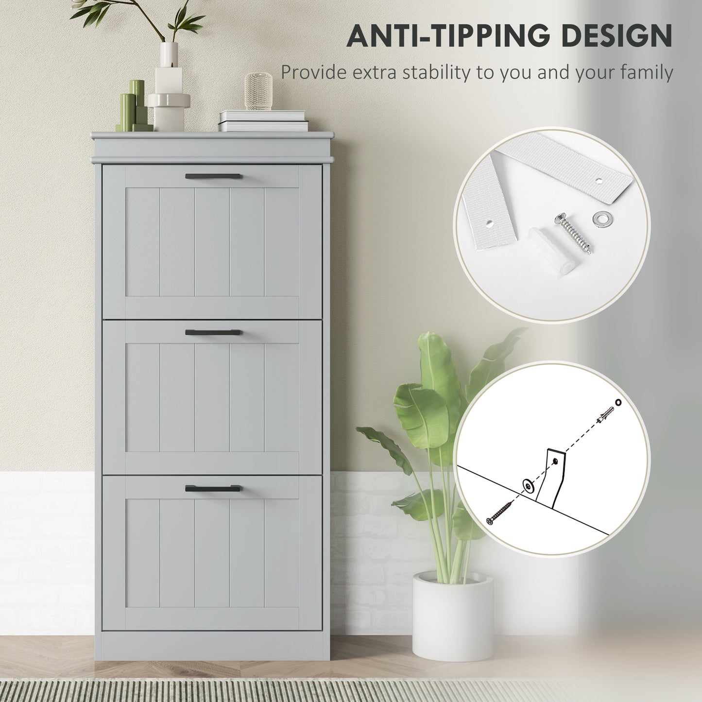 Slim Shoe Cabinet with 3 Flip Drawers and Adjustable Shelves, Narrow Shoe Cabinet for 15 Pairs of Shoes, Grey