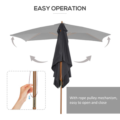 7' x 10' Wooden Patio Umbrella, Rectangle Garden Parasol, Outdoor Sunshade Canopy with Bamboo Ribs for Garden, Dark Grey