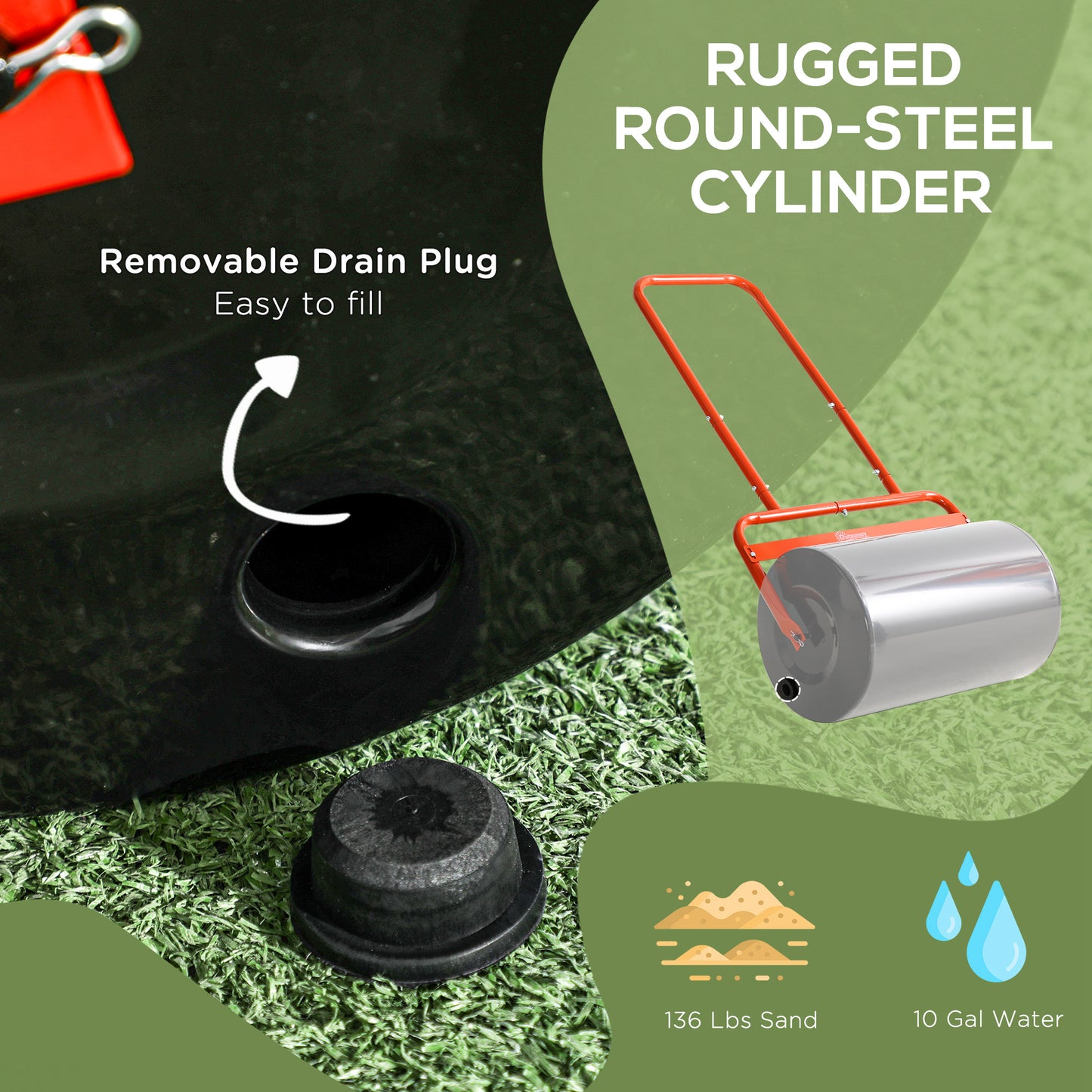 Heavy Duty Lawn Roller, 20" Push/Tow Behind Sod Roller, Grass Flattener Filled with 11gal Water/136lbs Sand, Red