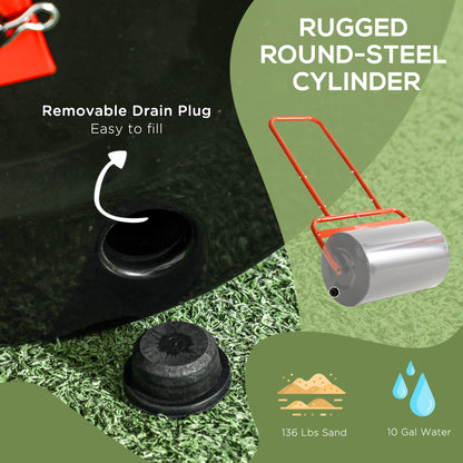 Heavy Duty Lawn Roller, 20" Push/Tow Behind Sod Roller, Grass Flattener Filled with 11gal Water/136lbs Sand, Red