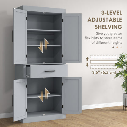 72" Farmhouse Kitchen Cabinet, Kitchen Pantry Cabinet with 4 Barn Doors, Drawer, Adjustable Shelves, Grey