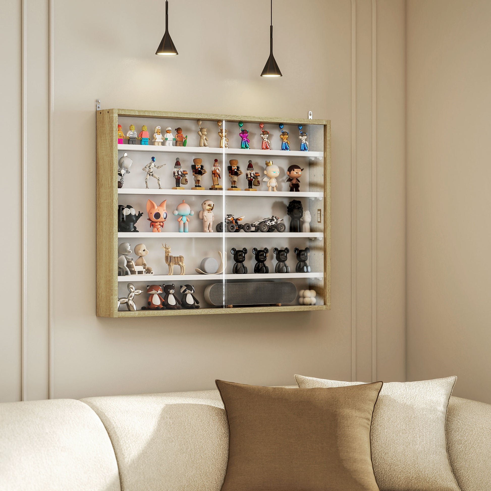 5-Tier Display Cabinet, Shot Glass Display Case, Glass Curio Cabinet with 2 Glass Doors and 4 Adjustable Shelves, Oak