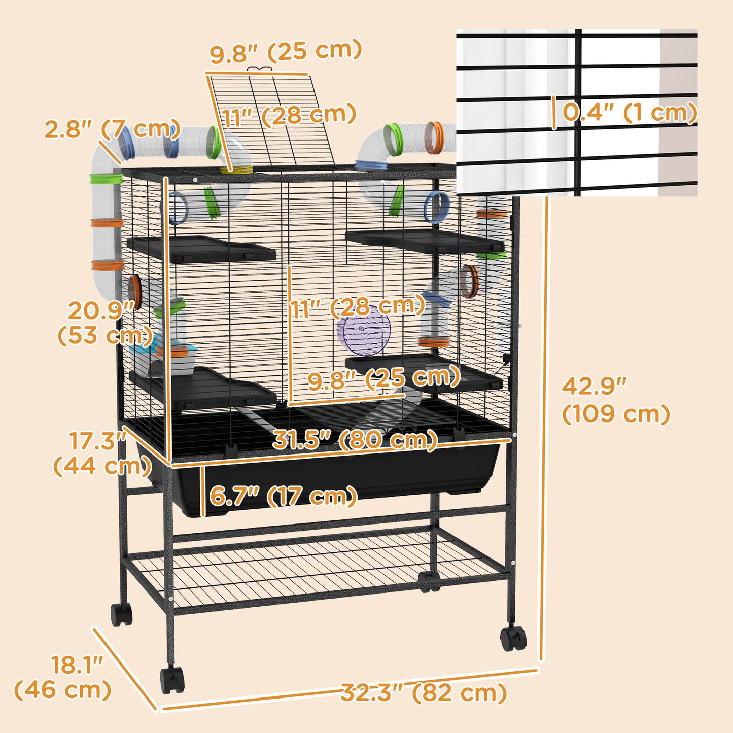 43" Rolling Hamster Cage with Tunnel Tube System, Storage Shelf, Exercise Wheel, Food Dish, Water Bottle, Ramp