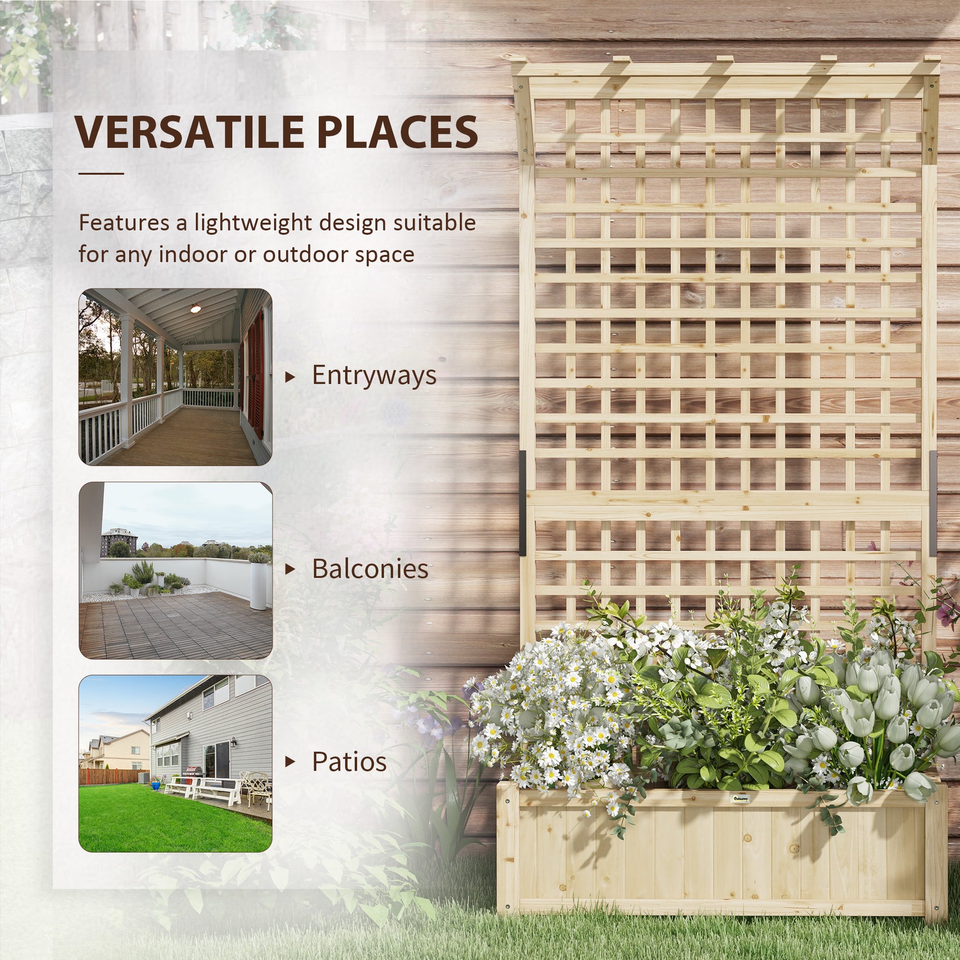 Wood Planter with Trellis for Vine Climbing, Raised Garden Bed, Privacy Screen for Backyard, Patio, Deck, Natural Wood