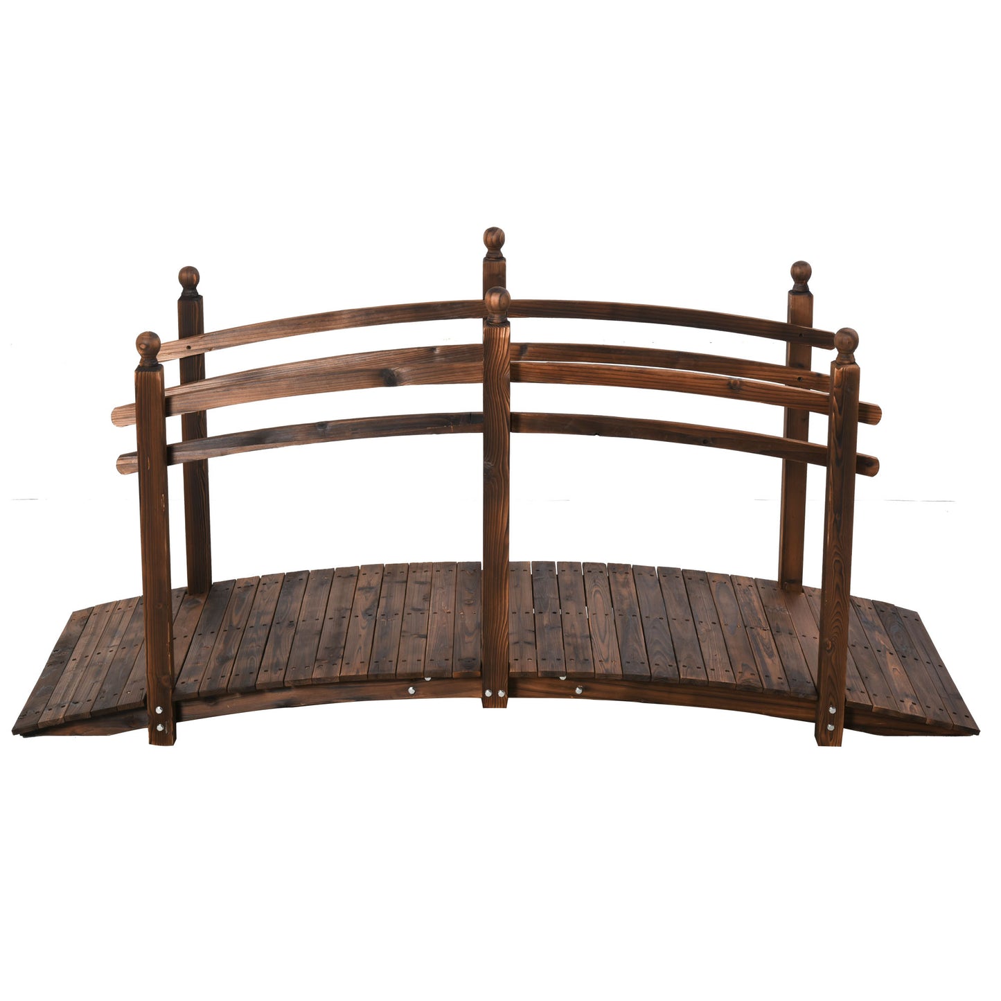 7.5' Fir Wood Garden Bridge Arc Walkway with Side Railings, for Backyards, Gardens, & Streams, Tan