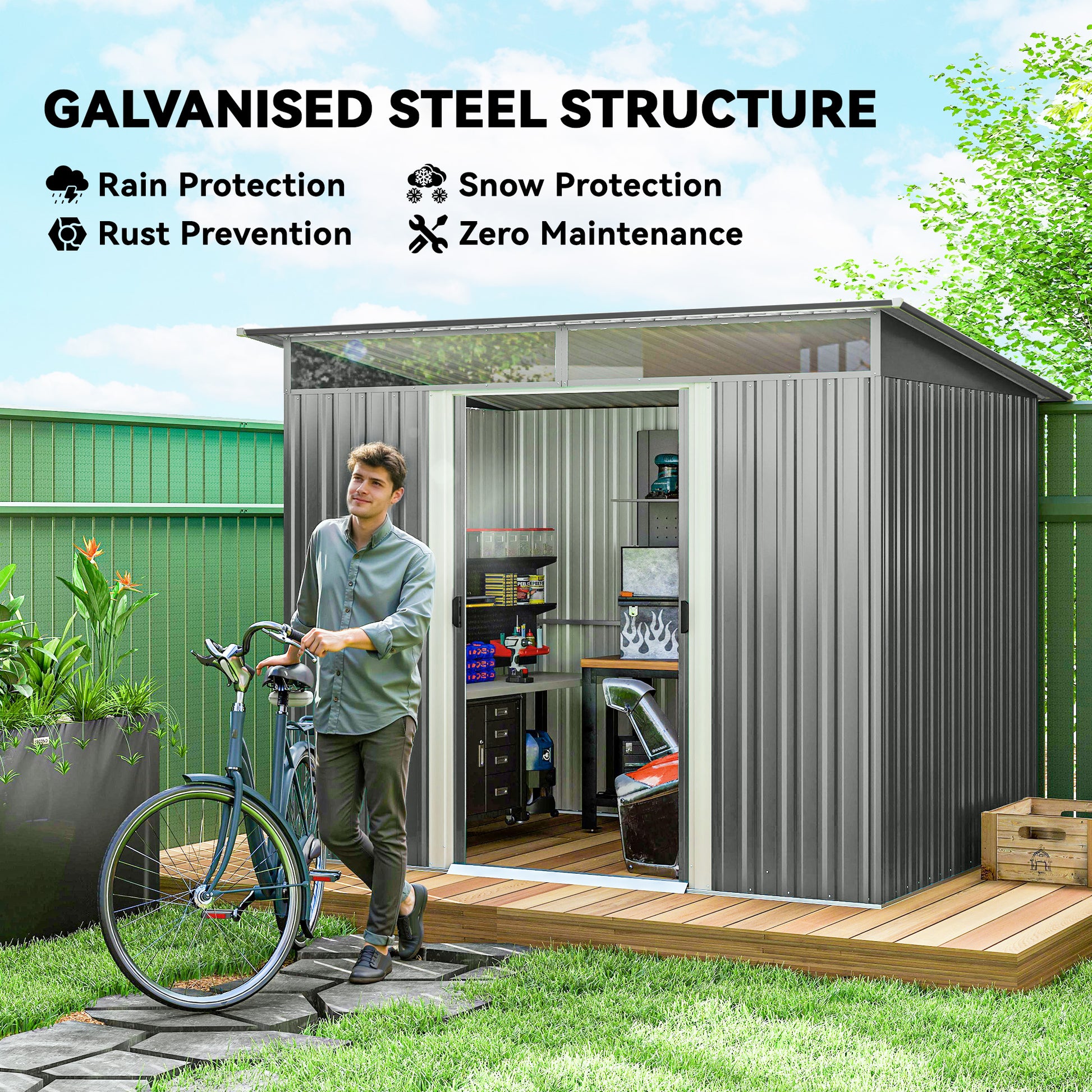 9' x 6.5' Outdoor Metal Garden Shed Utility Tool Storage Steel Backyard Storage House, Light Grey