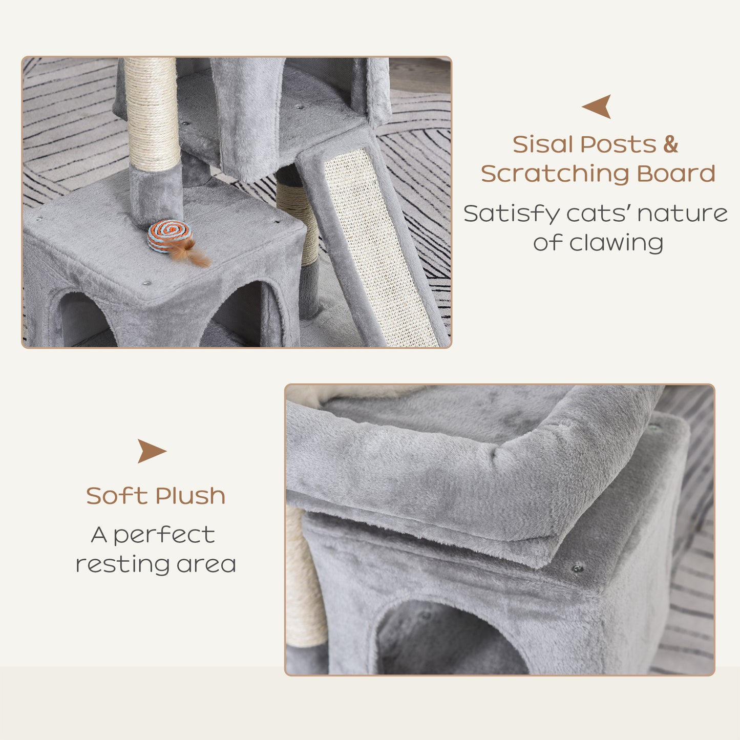 Plush Cat Tree Tower Activity Center with Sisal Scratching Post Scratching Board Perch Condo, Light Grey