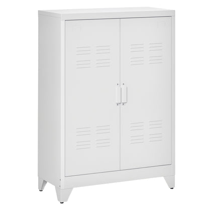 Metal Storage Cabinet, Industrial Sideboard Buffet Cabinet with 2 Louvered Doors, Adjustable Shelves, White