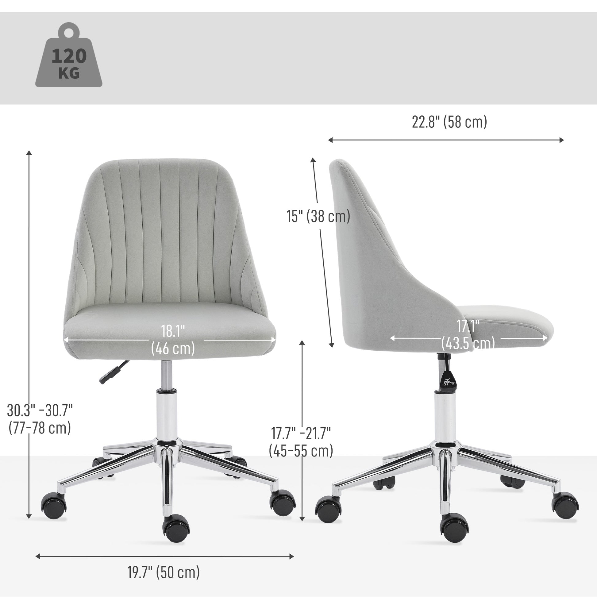 Vanity Chair for Makeup, Velvet Comfy Office Chair with Adjustable Height, Swivel Wheels for Bedroom, Living Room, Grey