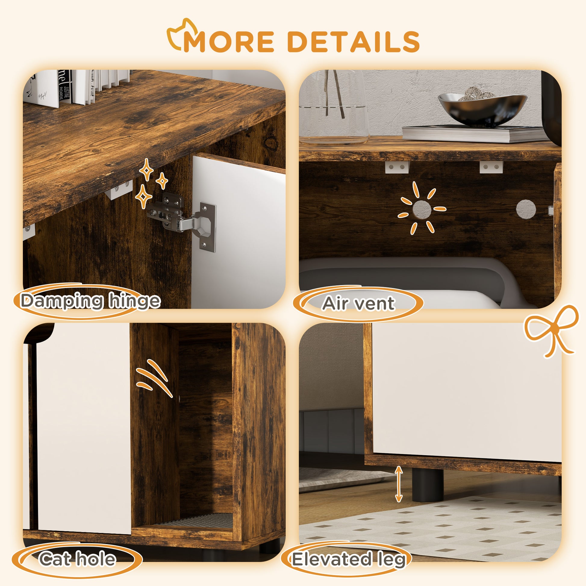 Hidden Cat Litter Box Enclosure with Double Doors and Sand Drain Pad, Rustic Brown