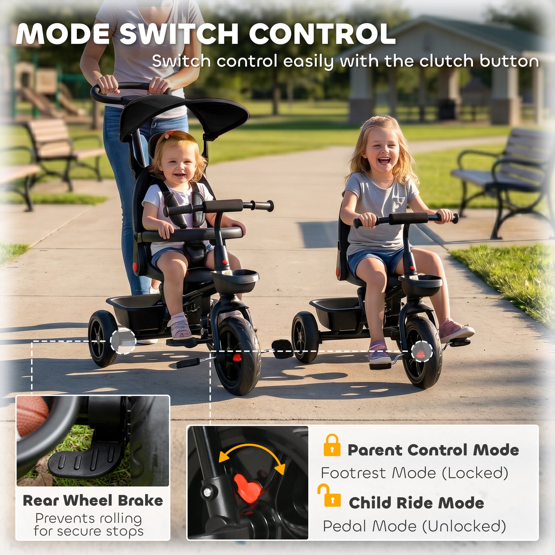 Qaba Tricycle for Toddler 4 in 1 Kids Trike, Converts Stroller to Toddler Bike, Adjustable Backrest & Flat Canopy, Detachable Guardrail & Handle for 1-5 Years Old, Black