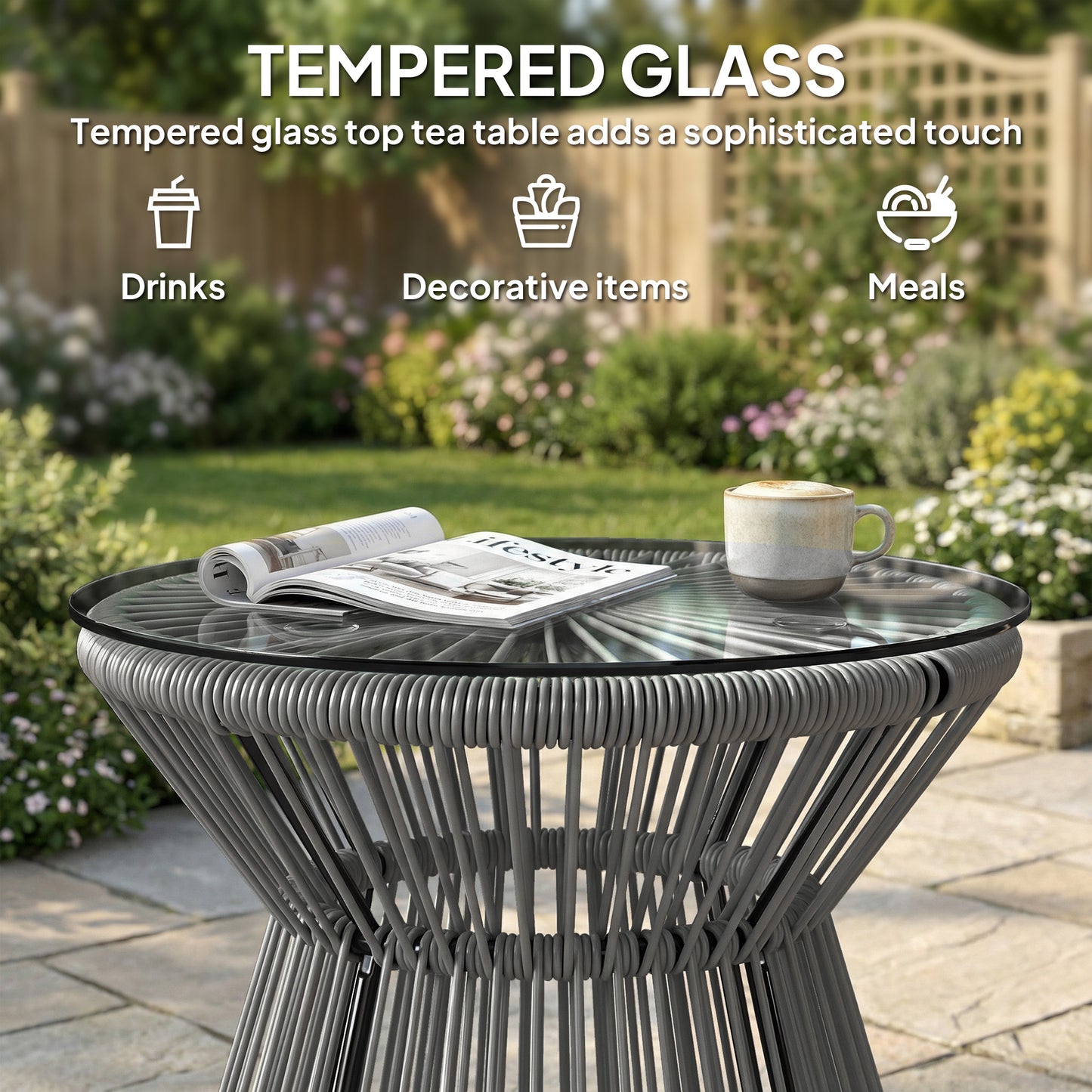 Round End Table, Rattan Side Table, Hollow Drum Design Coffee Table w/ Glass Top for Patio, Garden, Balcony, Dark Grey