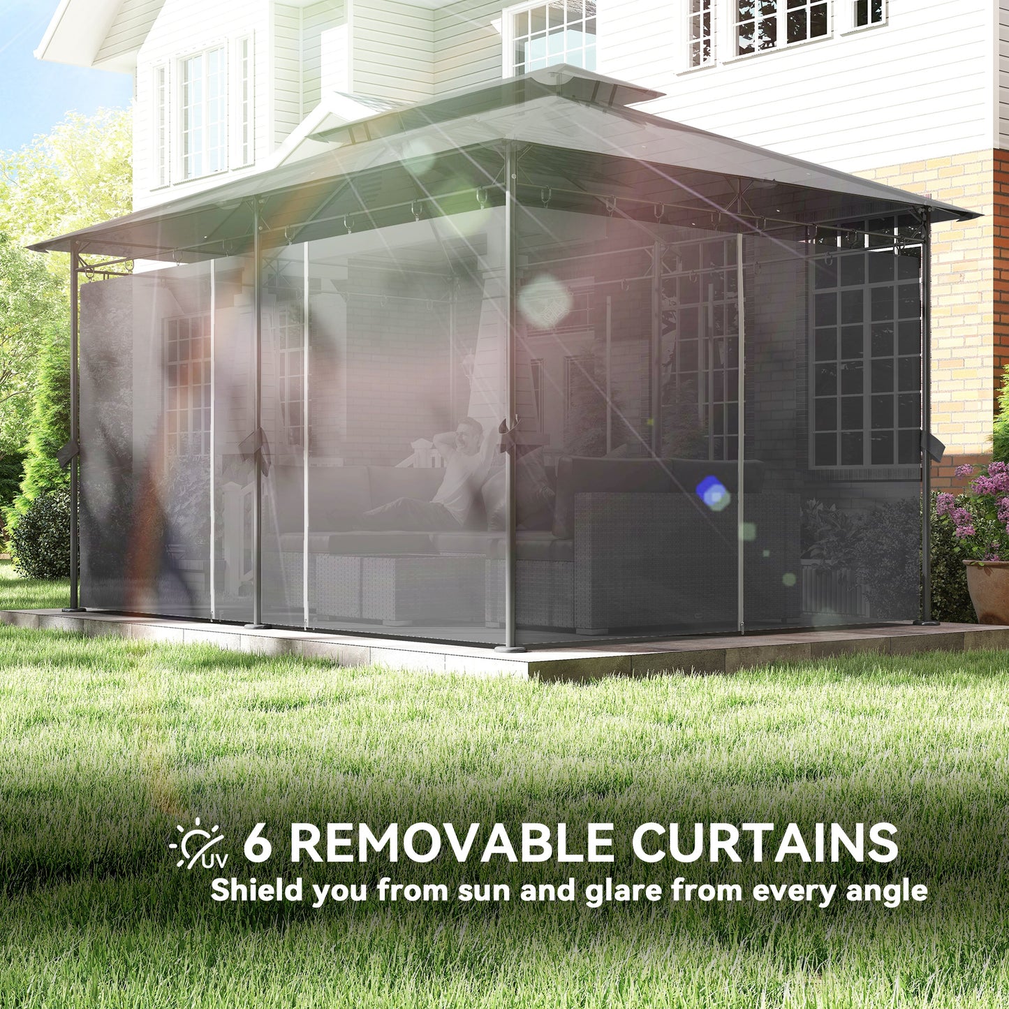 10' x 13' Double Roof Patio Gazebo, Outdoor Gazebo with Curtains, for Garden, Lawn, Backyard and Deck, Grey