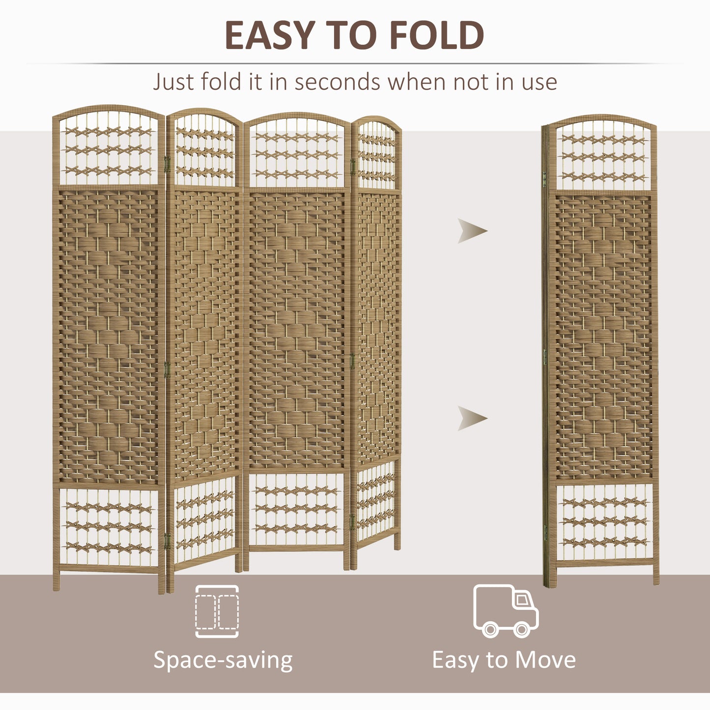 4 Panel Folding Room Divider, Portable Privacy Screen, Wave Fiber Room Partition for Home Office, Natural