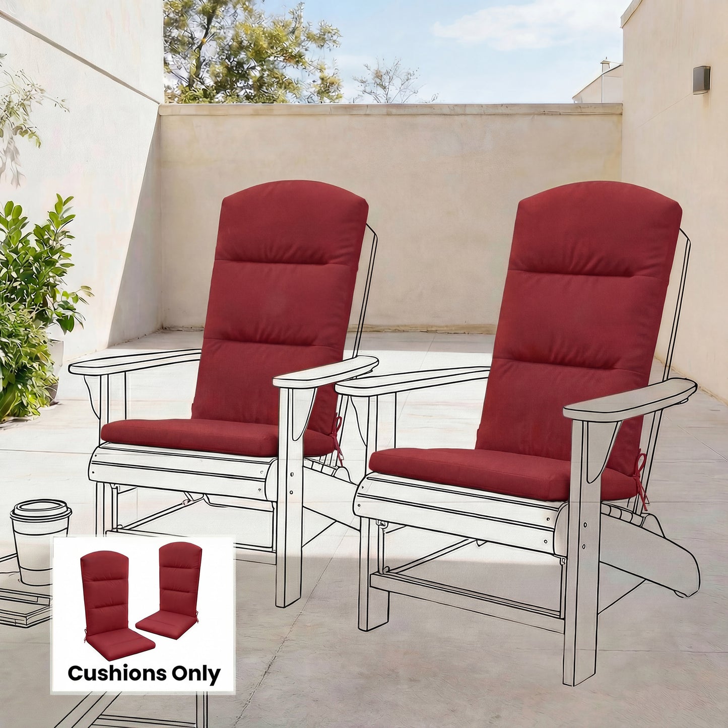 Patio Chair Cushion for Adirondack Chairs Replacement Cushion with Back and Ties, Wine Red