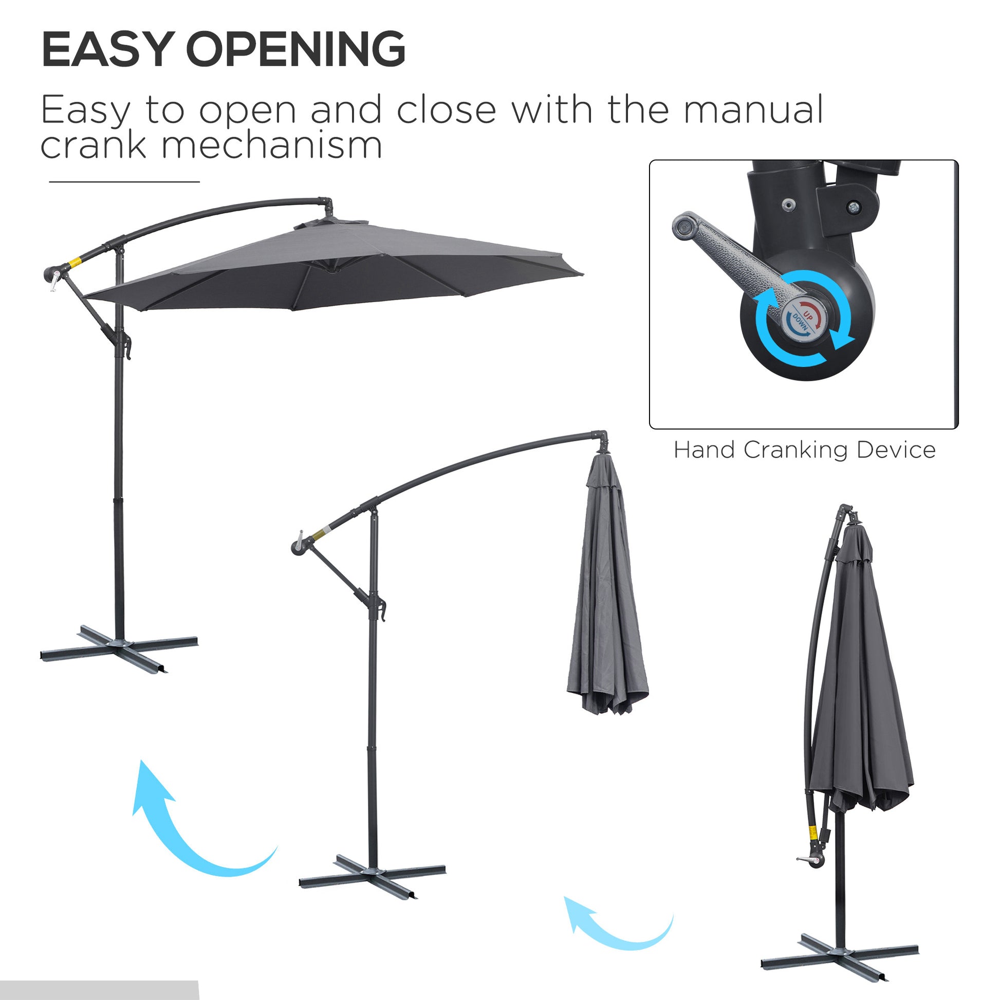 Φ10' Deluxe Patio Umbrella Outdoor Market Parasol Banana Hanging Offset Sunshade Crank Cross Base Grey