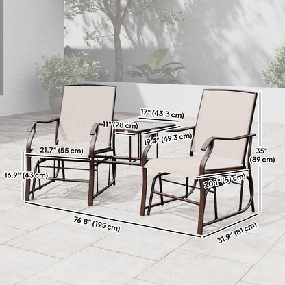 Double Patio Glider Chair with Glass Top Center Table, Outdoor Glider Loveseat with High Back, All Weather Breathable Mesh Fabric for Garden, Backyard, Deck, Beige