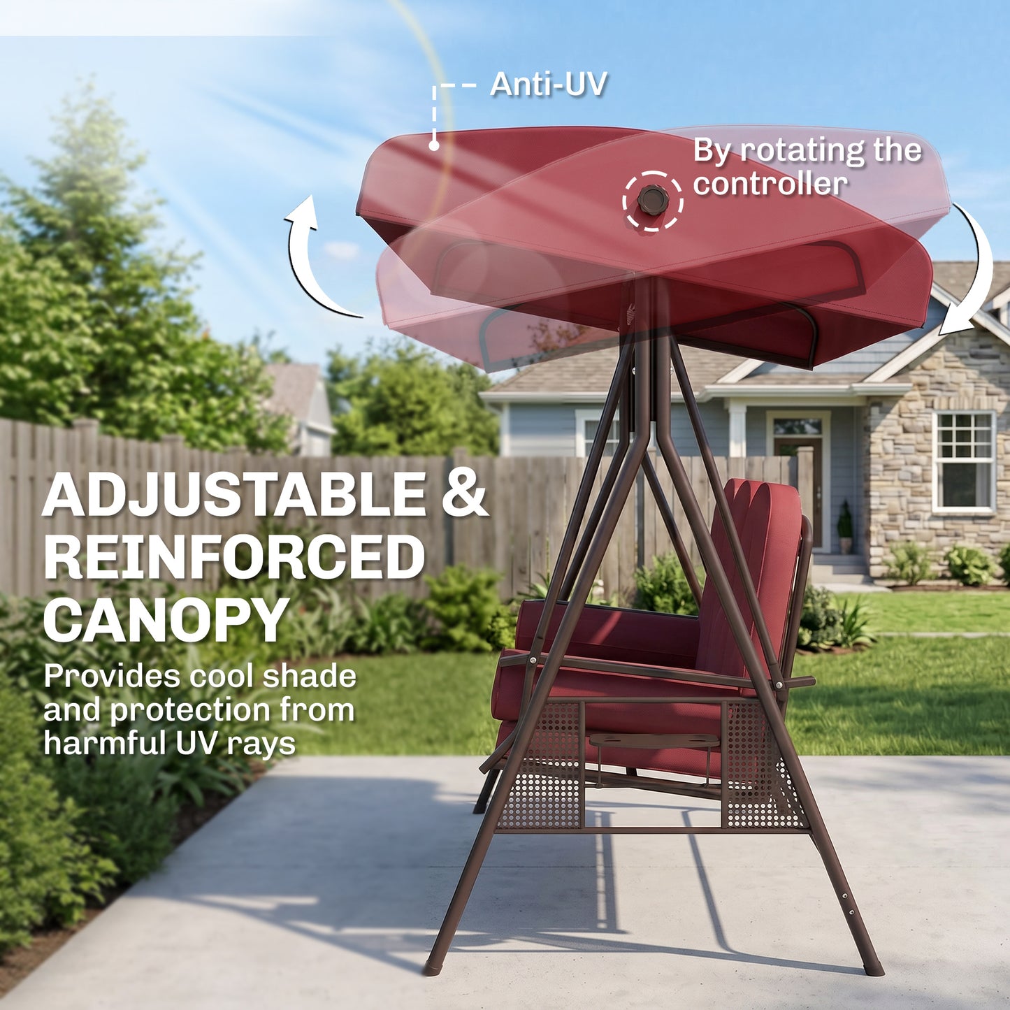 Outdoor Patio 3-Person Steel Canopy Cushioned Seat Bench Swing with Included Side Trays & Padded Comfort, Wine Red