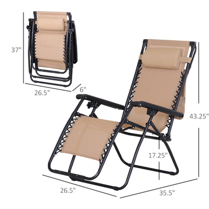 2 Piece Foldable Lounge Chair with Canopy Shade, Outdoor Zero Gravity Chair with Side Tray & Cup Holder, Reclining Lounger with Breathable Mesh Fabric Seat, Pillow, Beige