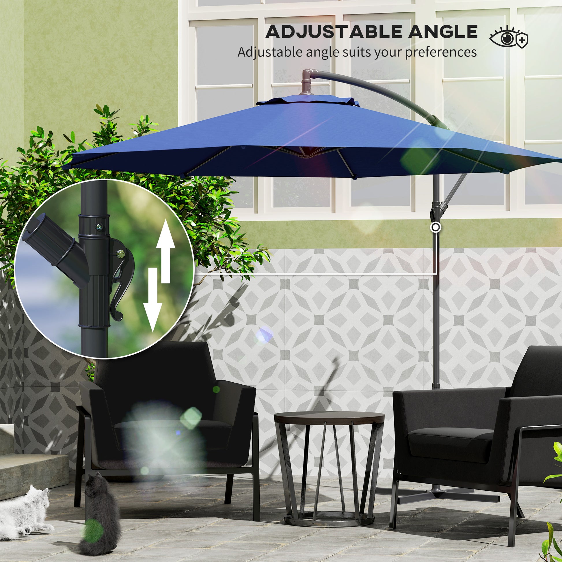 9.7ft Offset Patio UmbrellaCantilever Parasol with Crank Handle, 8 Ribs and Cross Base for Outdoor, Sun Shade, Blue