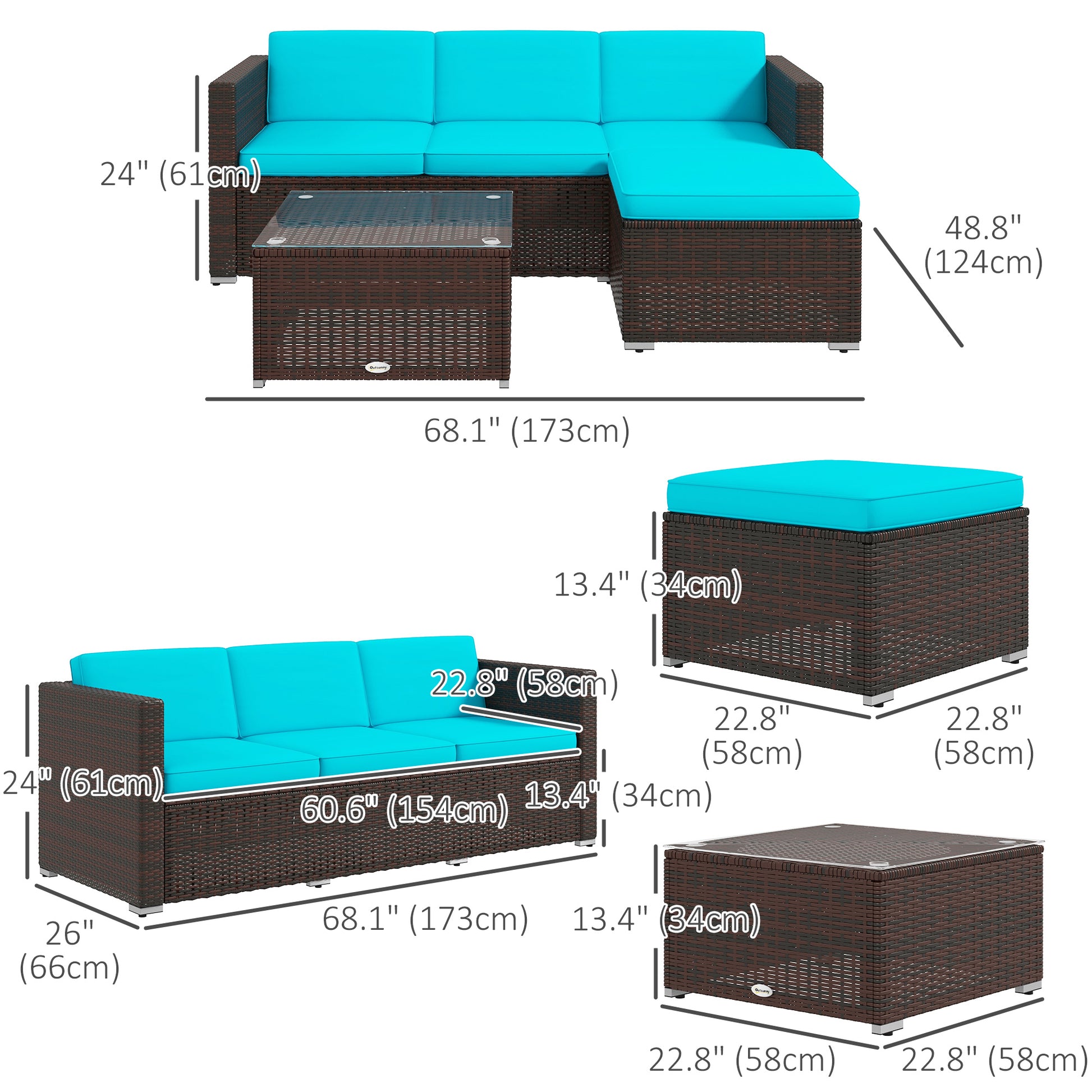 3 Pieces Patio Furniture with Soft Cushions, Patio Corner Sofa Sets with a Coffee Table, Ideal for Balcony, Patios, Backyards, Turquoise