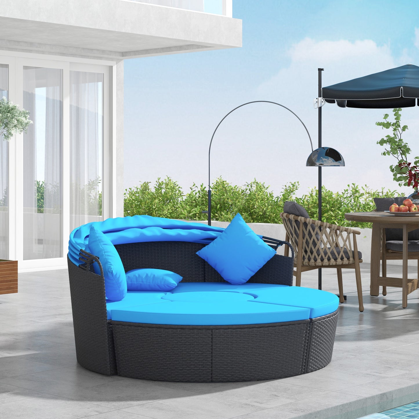 4-piece Round Sofa Bed, Outdoor Daybed with Retractable Canopy, PE Rattan Wicker Patio Lounge Chair
