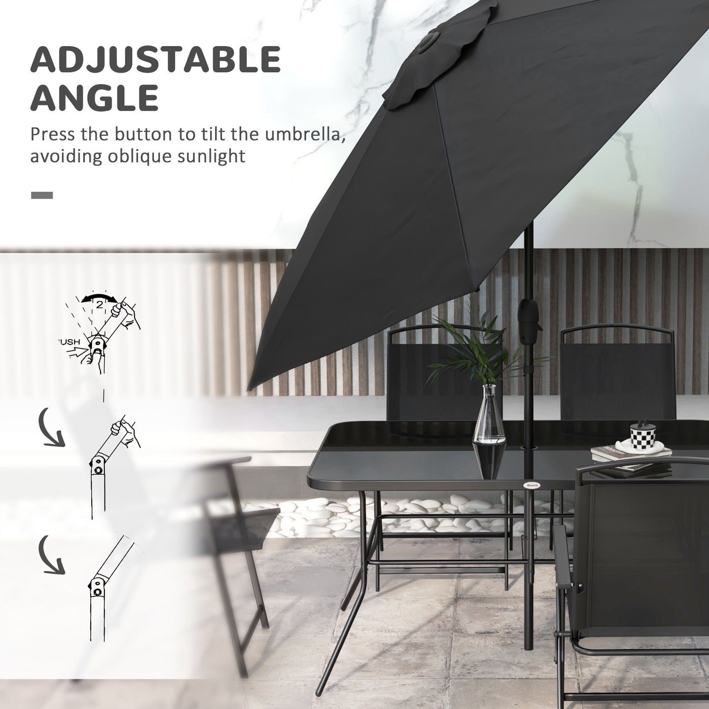 8 Piece Patio Set with Umbrella, 6 Folding Chairs, Rectangle Table, Outdoor Dining Set for 6 with Mesh Seat, Black
