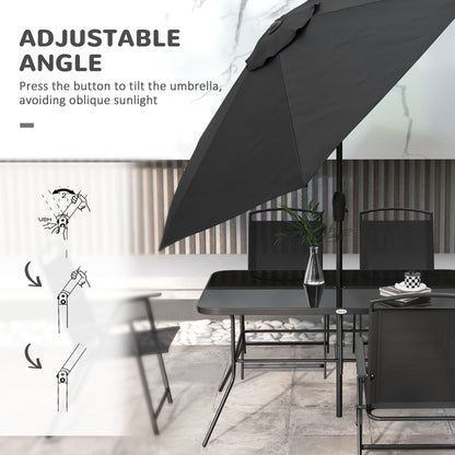 8 Piece Patio Set with Umbrella, 6 Folding Chairs, Rectangle Table, Outdoor Dining Set for 6 with Mesh Seat, Black