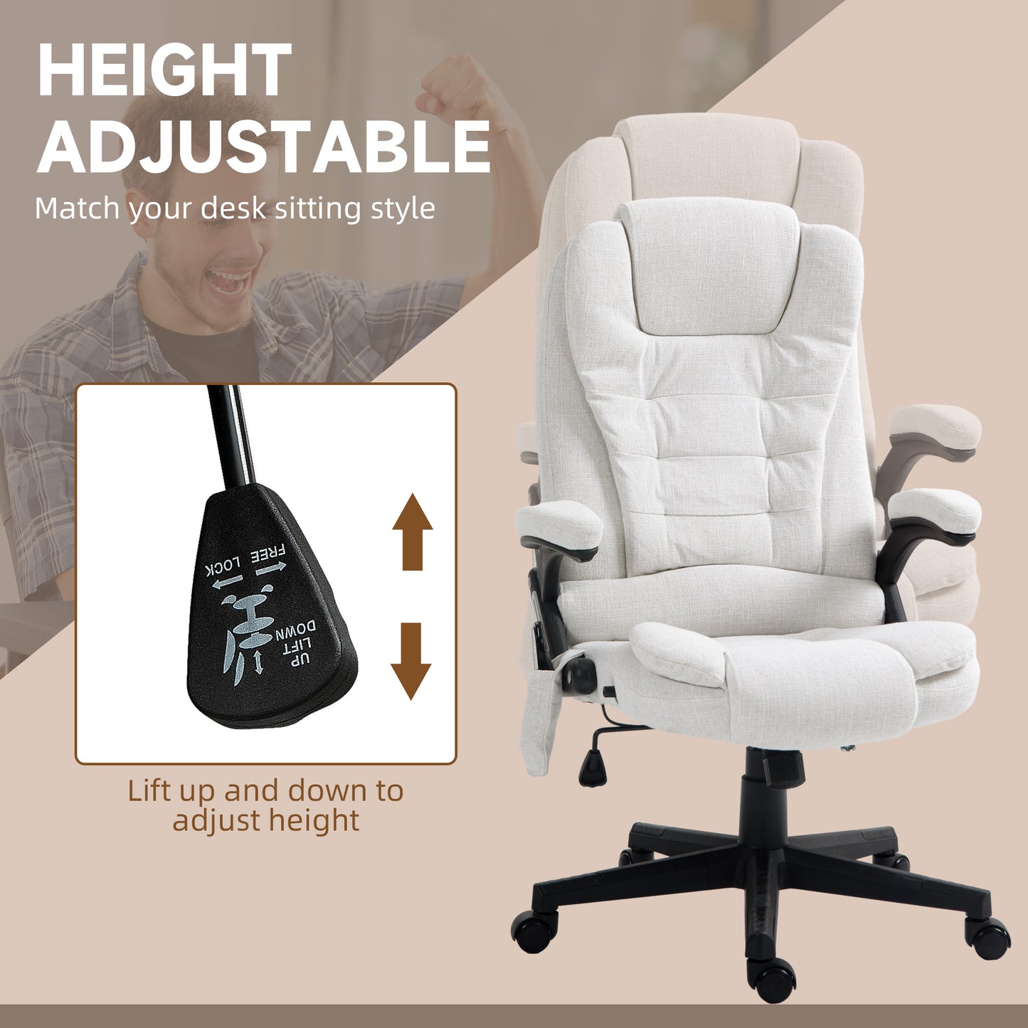 Reclining Massage Office Chair, Executive Office Chair with High Back, Swivel Wheels, White