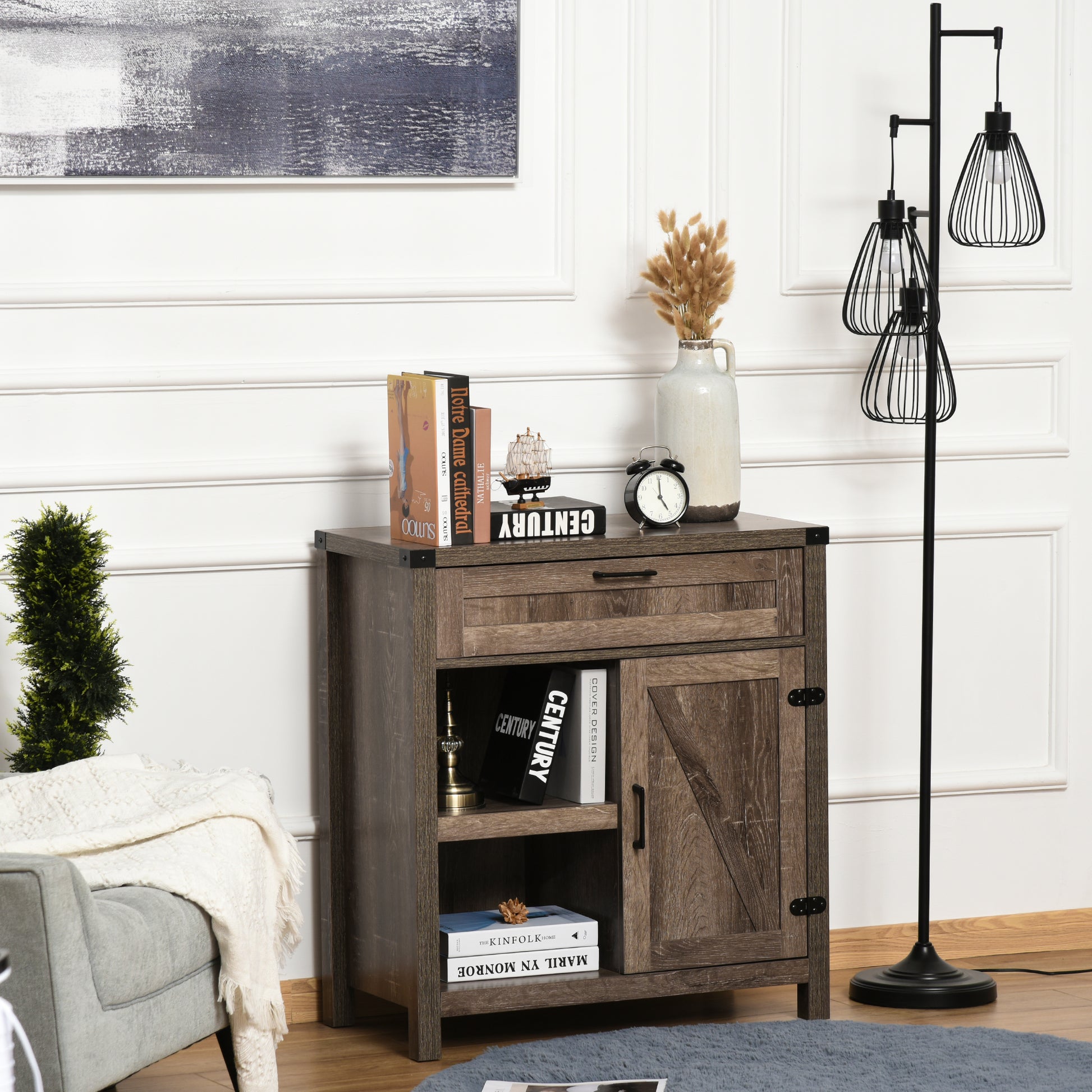 Rustic Barn Door Storage Cabinet Modern Farmhouse Buffet Sideboard for Kitchen & Dining Room Dark Oak
