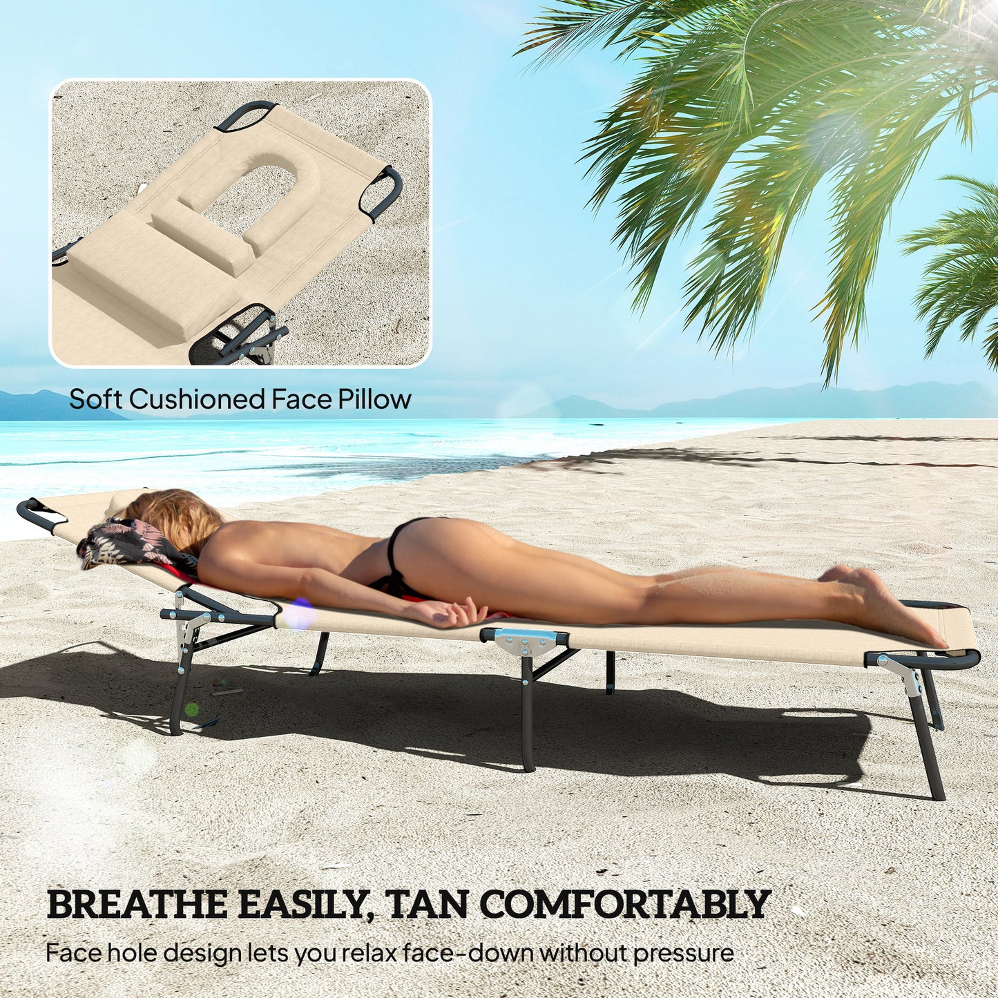 Folding Lounge Chair Set of 2, Reclining Beach Tanning Chair with Face Hole, Pillow, 4-Position Adjustable Flat Sun Lounger, Steel Frame for Outdoor Patio Pool, Beige