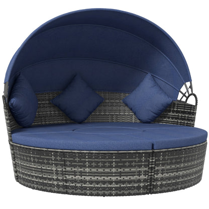 4 Pieces Outdoor Daybed with Retractable Canopy, Wicker Round Sofa Day Bed, Conversation Furniture Set, Dark Blue