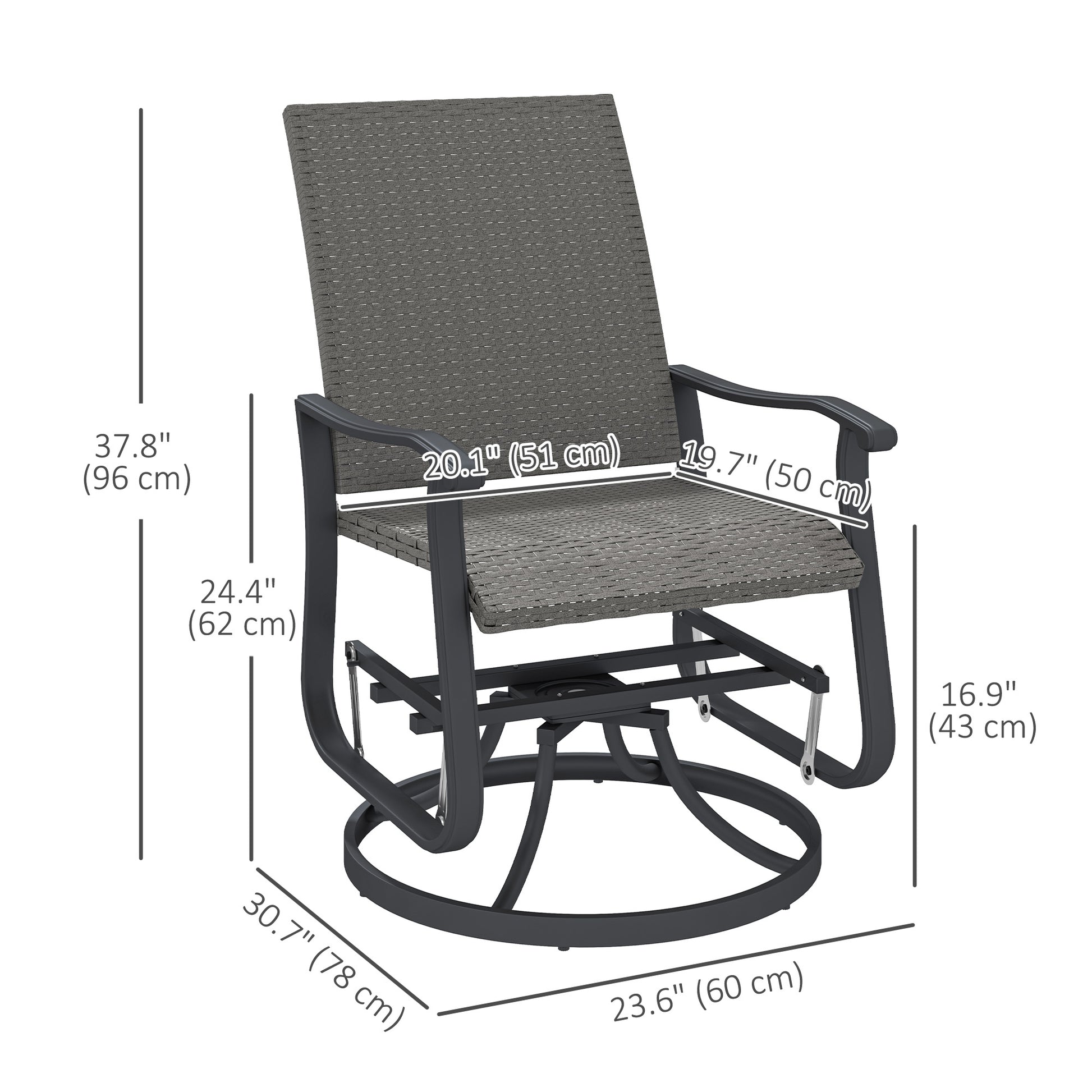 Set of 2 Rattan Patio Glider, Wicker Outdoor Glider Swivel Chair with Steel Frame, High Back for Backyard Porch, Grey