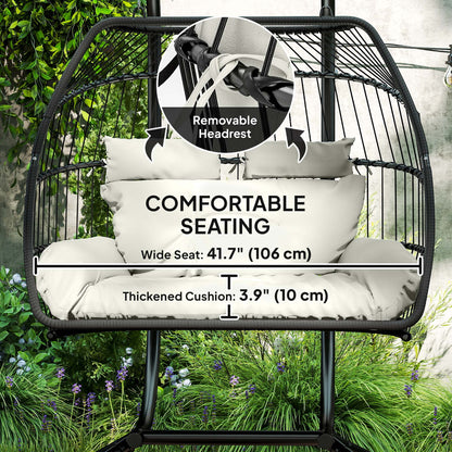 Double Wicker Egg Swing Chair with Stand, Foldable Hanging Egg Chair with UV Resistant Cushion, Headrest, Cream White