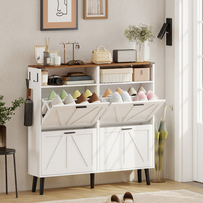 Shoe Storage Cabinet with 4 Flip Drawers, Farmhouse Narrow Shoe Cabinet, Holds Up to 24 Pairs, White