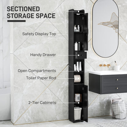 Narrow Bathroom Cabinet, Tall Bathroom Storage Cabinet with Barn Doors, Drawer and Adjustable Shelves, Black Wood Grain