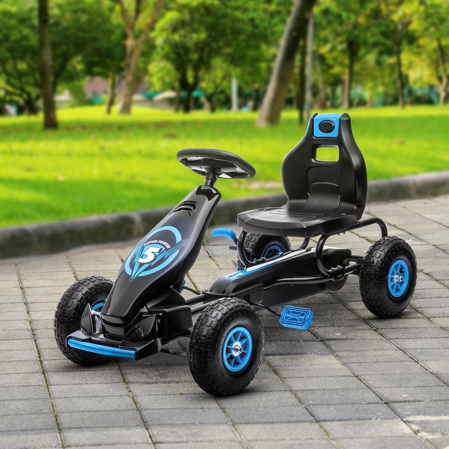 Aosom Kids Pedal Go Kart, Ride On Toys for Boys Girls with Ergonomic Adjustable Seat, Rubber Wheels Shock Absorb, Safety Hand Brake, Ages 5-12 Years Old, Blue