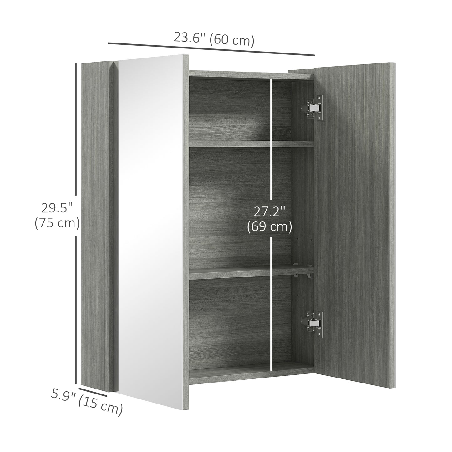 Wall Mount Mirrored Medicine Cabinet, Bathroom Mirror Cabinet with Adjustable Shelf, Double Soft Closing Doors, Grey