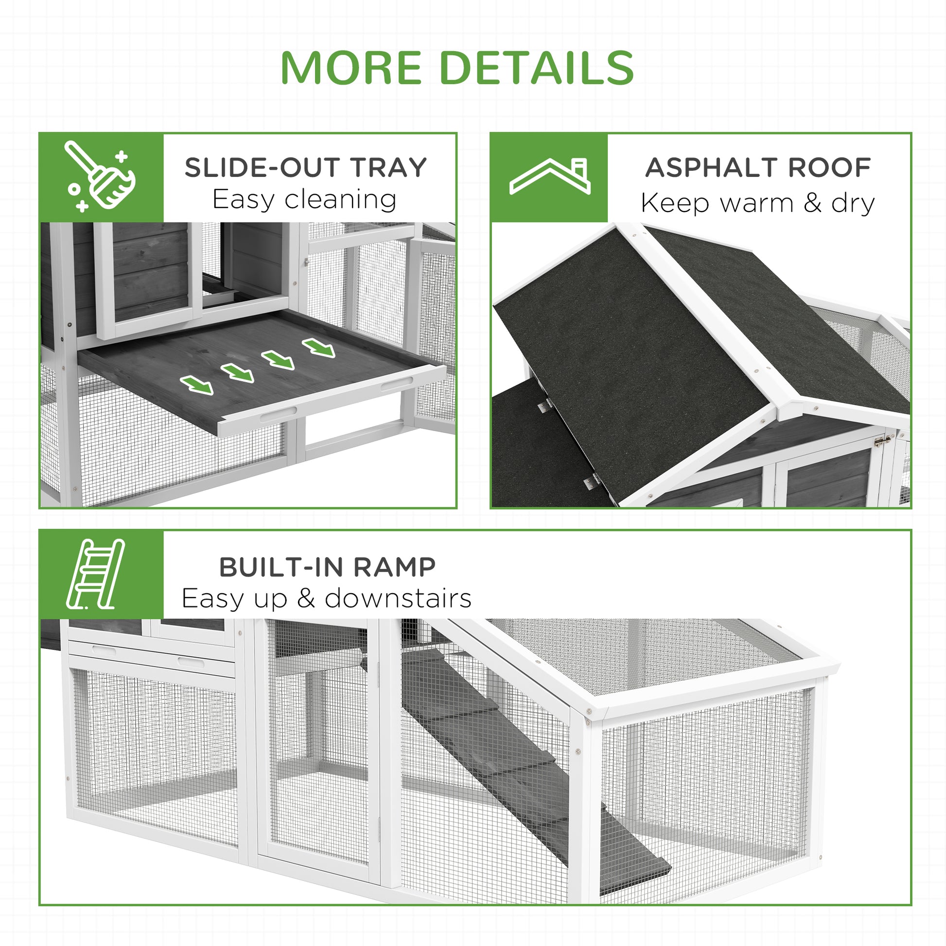 69" Wooden Chicken Coop with Run, Nesting Box, Tray, Grey