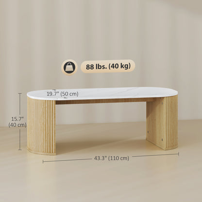 Coffee Table, Modern Marble-Effect Living Room Table with Round Corners and Thicken Legs, Natural Wood