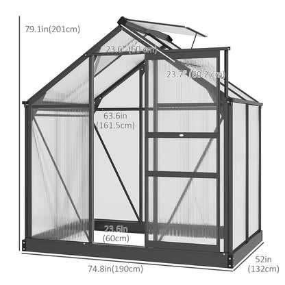 Greenhouse Garden, Green House, Outdoor Greenhouse Kit, PC Board with Sliding Door, 6.2' x 4.3' x 6.6', Grey