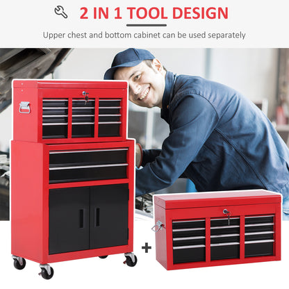 6-Drawer Rolling Tool Chest, 2 in 1 Lockable Storage Cabinet with Hooks, Metal Tool Box for Garage, Workshop, Red