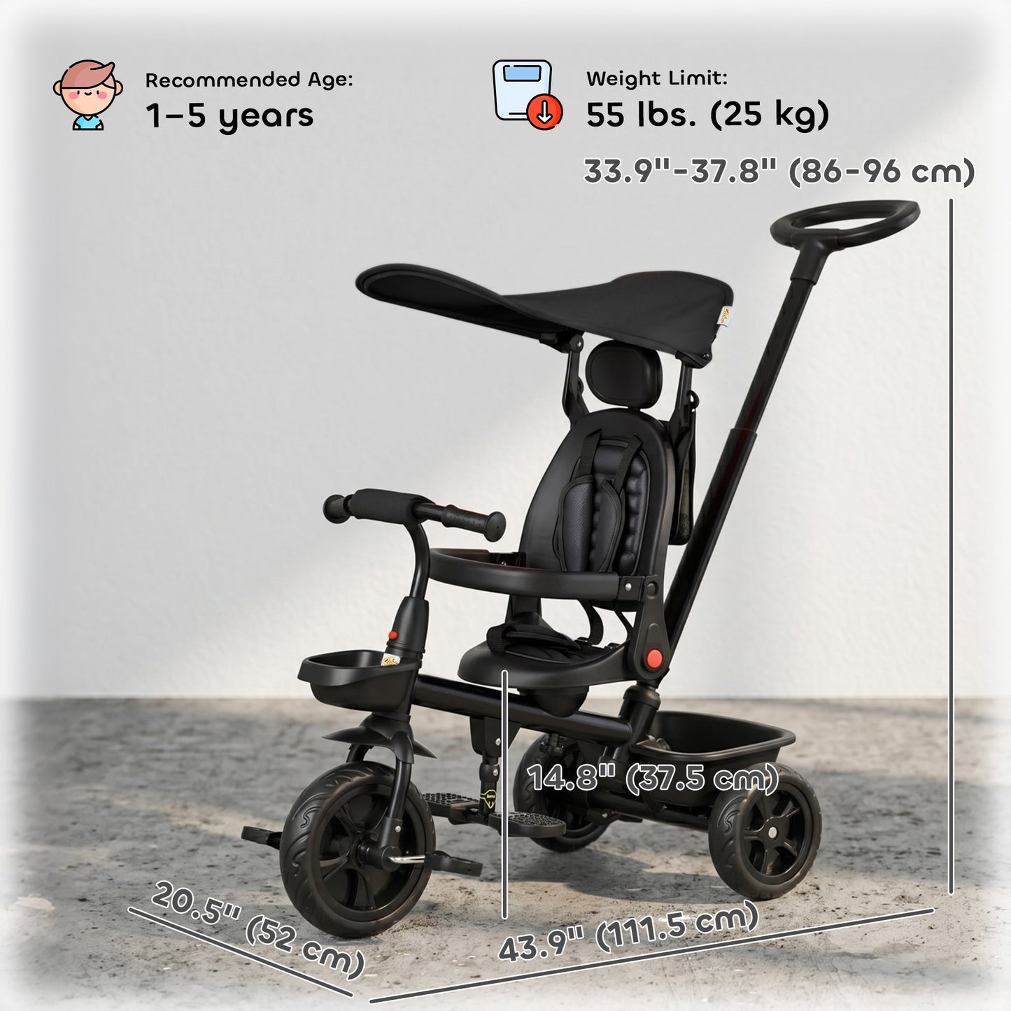 Qaba Tricycle for Toddler 4 in 1 Kids Trike, Converts Stroller to Toddler Bike, Adjustable Backrest & Flat Canopy, Detachable Guardrail & Handle for 1-5 Years Old, Black