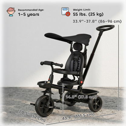 Qaba Tricycle for Toddler 4 in 1 Kids Trike, Converts Stroller to Toddler Bike, Adjustable Backrest & Flat Canopy, Detachable Guardrail & Handle for 1-5 Years Old, Black
