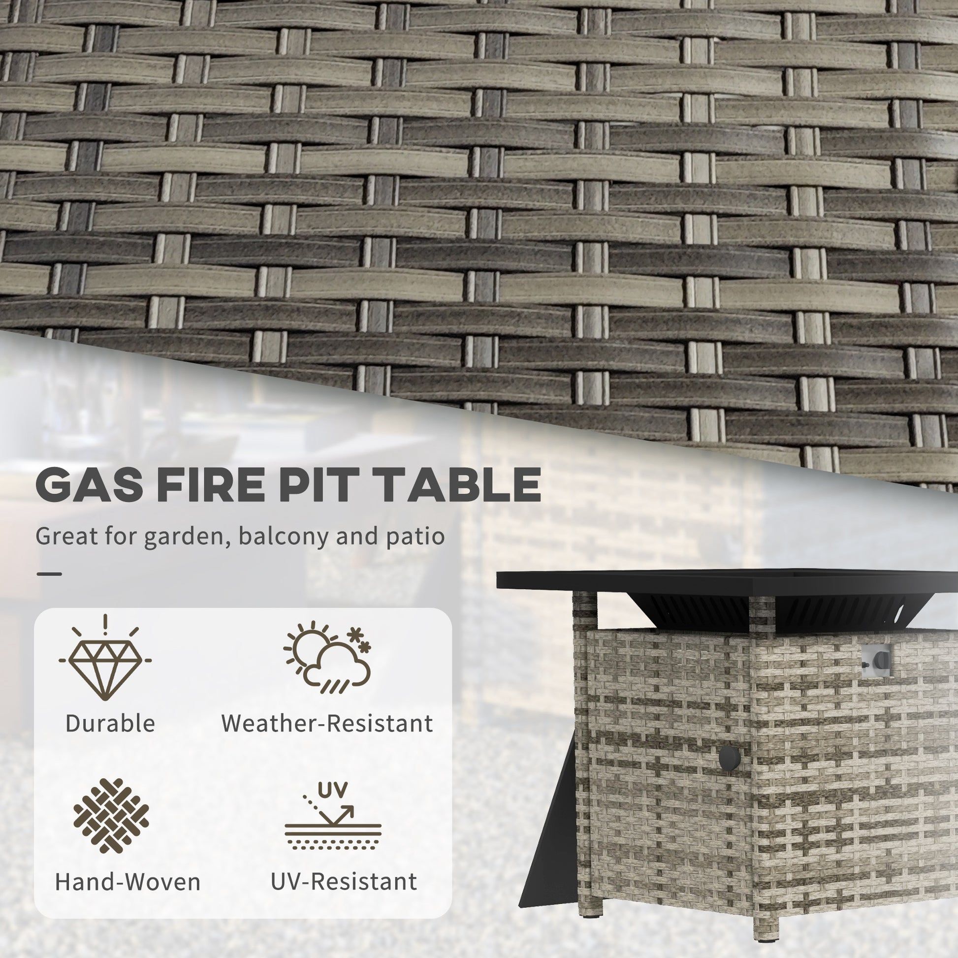 Outdoor PE Rattan Propane Fire Pit Table, 50,000 BTU Pulse-Ignition Wicker Fire Table, Mixed Grey